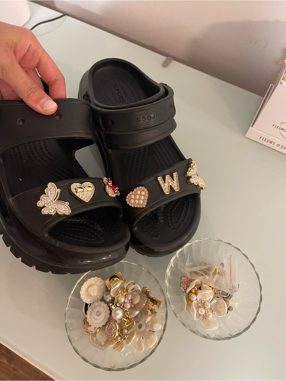 CROCS Kids Black Platform Sandals with Decorative Charms